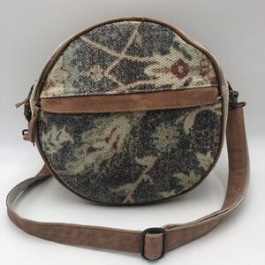 Woven/Canvas W/Leather Trim Round Canteen Crossbody Handbag